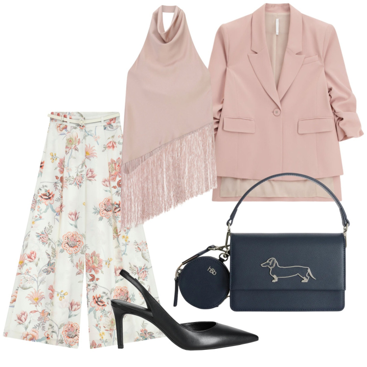 Outfit donna - Cerimonia. Stile Chic per Cerimonia. Abbinamento con décolleté, top, blazer, pantaloni a palazzo, borse a tracolla.