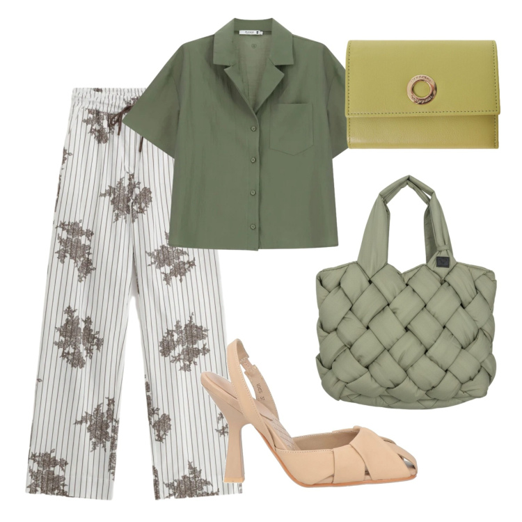Outfit donna - Estate. Stile Urban per Ufficio. Abbinamento con décolleté, portafogli, pantaloni a palazzo, camicie a manica corta, borse tote.