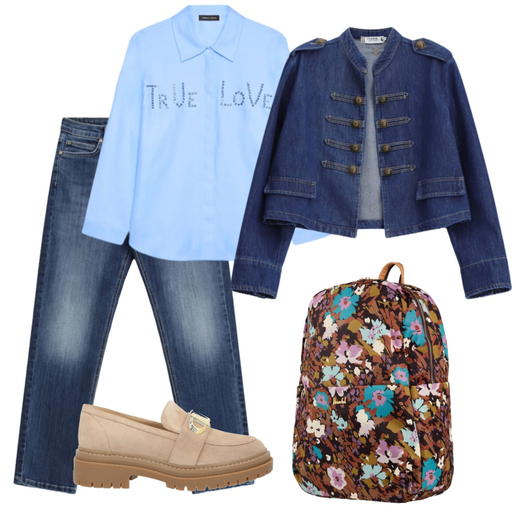 Outfit donna - Scuola. Stile Casual per Scuola/Università. Abbinamento con mocassini, valigie, camicie, blazer, jeans.