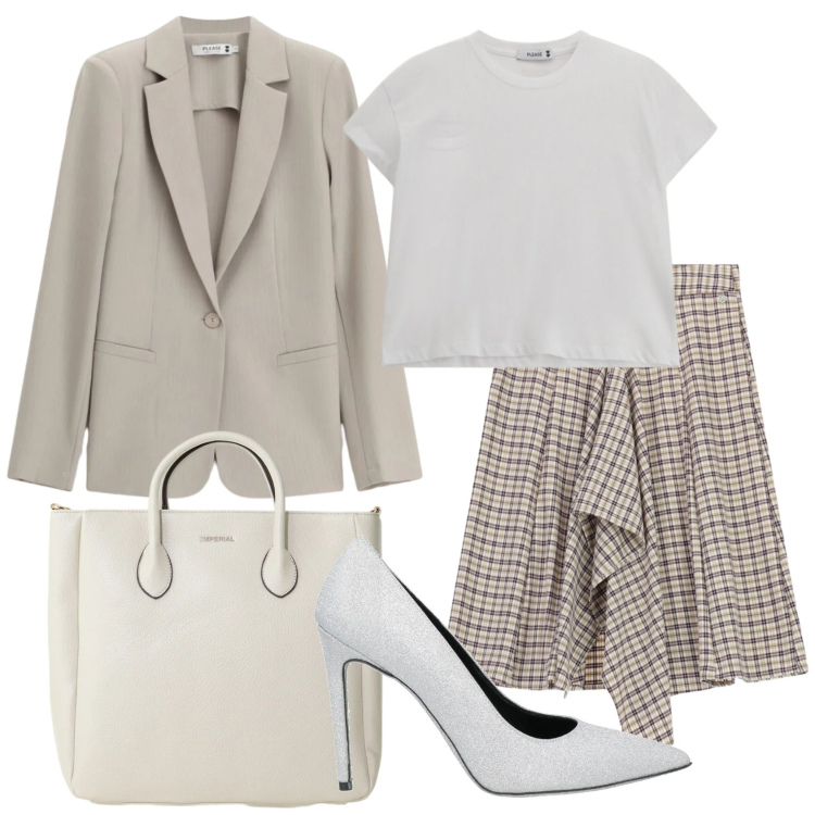 Outfit donna - Total look #2389968. Stile Preppy per Ufficio. Abbinamento con décolleté, borse a tracolla, gonne longuette, t-shirt, blazer.