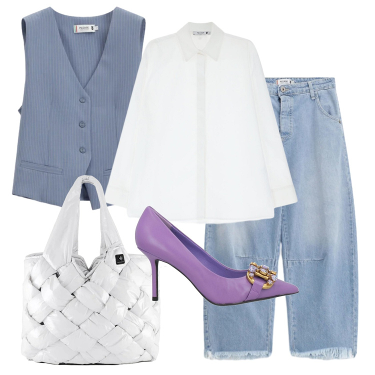 Outfit donna - Total look #2389970. Stile Mannish per Ufficio. Abbinamento con décolleté, gilet, camicie, jeans, borse tote.