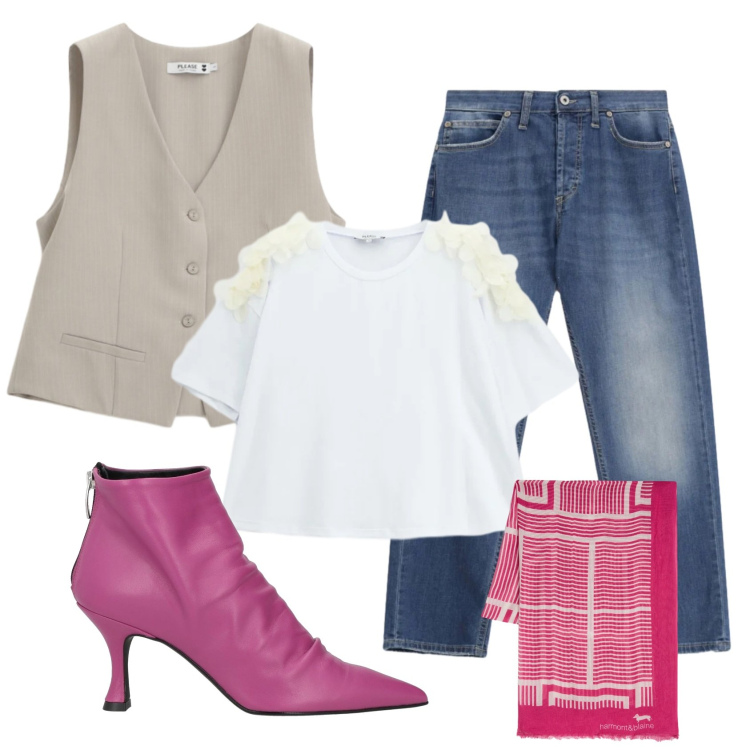 Outfit donna - Total look #2389974. Stile Trendy per Ufficio. Abbinamento con stivaletti, jeans dritti, t-shirt, gilet, sciarpe.