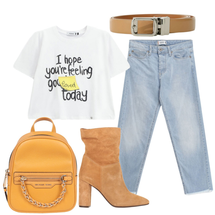 Outfit donna - Total look #2389981. Stile Casual per Scuola/Università. Abbinamento con zaini, stivaletti, jeans, t-shirt, cinture.