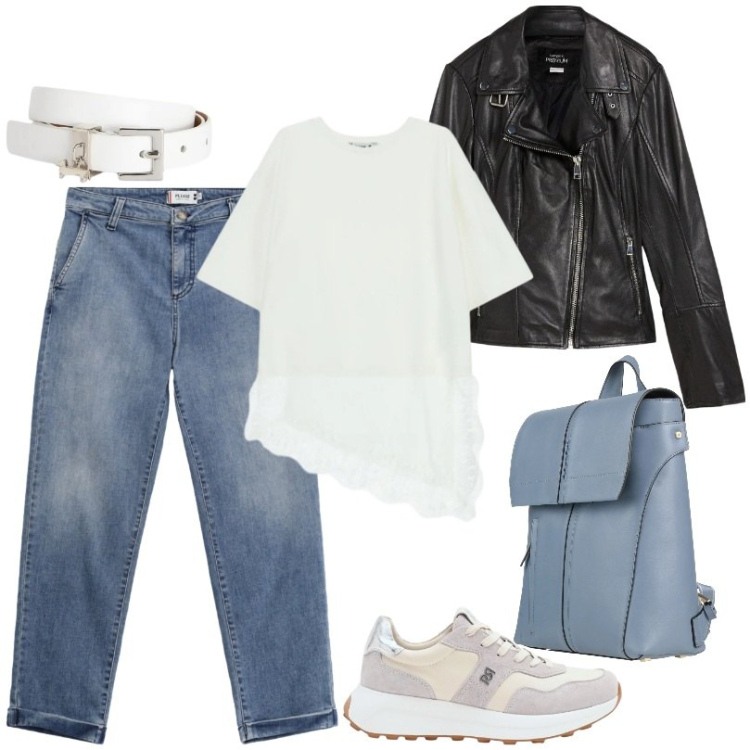 Outfit donna - Uno stile fresco e pratico. Stile Basic per Scuola/Università. Abbinamento con zaini, blazer, sneakers, jeans, top, cinture.