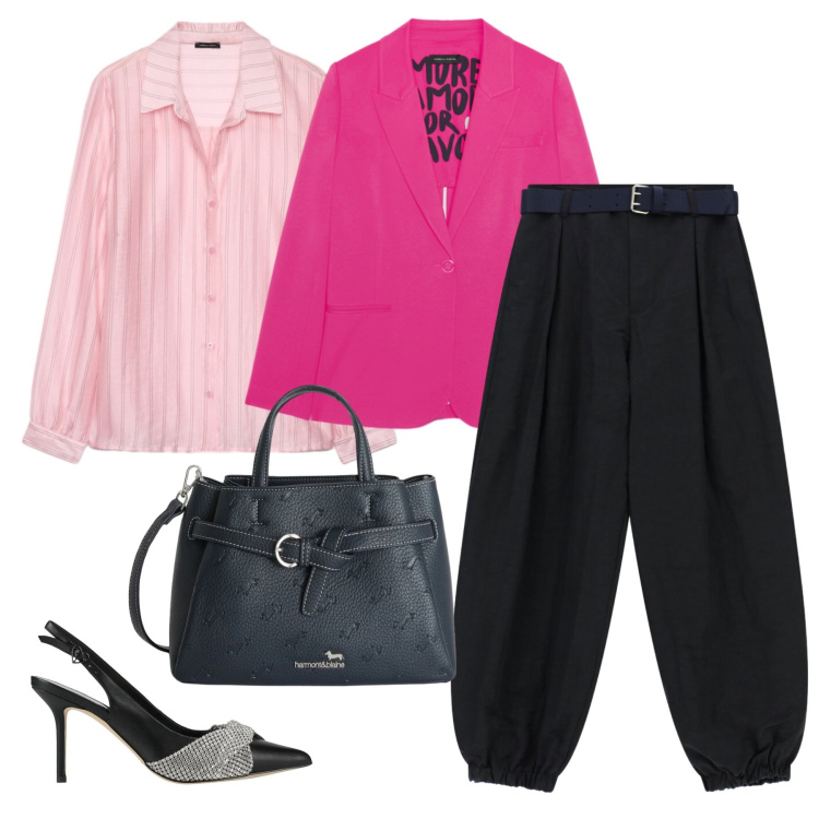 Outfit donna - Total look #2389999. Stile Casual chic per Serata fuori. Abbinamento con décolleté, pantaloni, blazer, camicie, borse a mano.