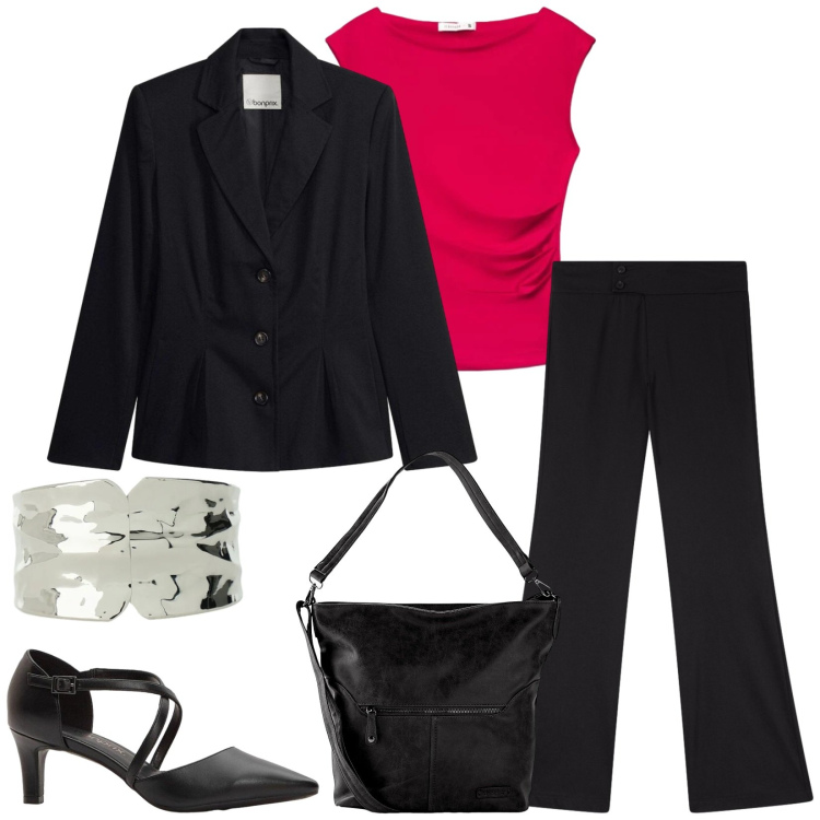 Outfit donna - Total look #2390000. Stile Chic per Serata fuori. Abbinamento con blazer, borse a spalla, décolleté, t-shirt, pantaloni, braccialetti.