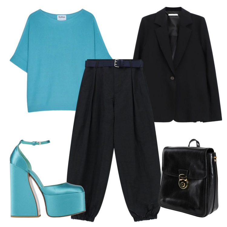 Outfit donna - Serata fuori. Stile Glamour per Serata fuori. Abbinamento con zaini, décolleté, pantaloni, blazer, t-shirt.