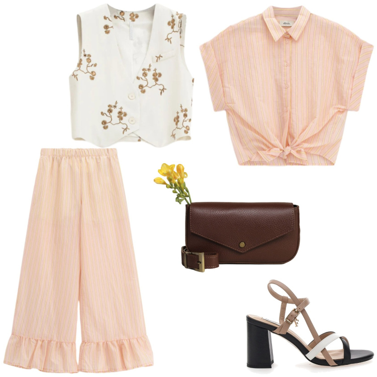 Outfit donna - Peach Blush. Stile Trendy per Tutti i giorni. Abbinamento con gilet, camicie a manica corta, pantaloni a palazzo, borse a tracolla, sandali col tacco.