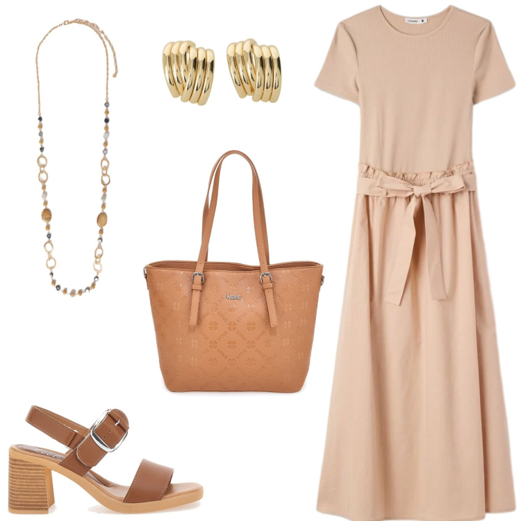 Outfit donna - Tonalità Peach Blush. Stile Bon Ton per Tutti i giorni. Abbinamento con vestiti lunghi, orecchini, collane, sandali col tacco, borse a tracolla.
