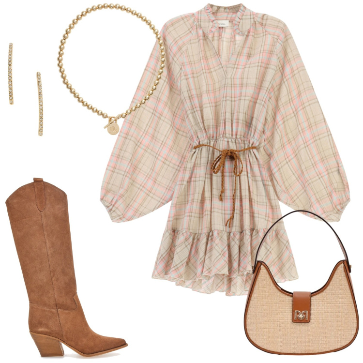 Outfit donna - Peach blush in primavera. Stile Urban per Tutti i giorni. Abbinamento con borse a spalla, vestiti corti, collane, orecchini, stivali.