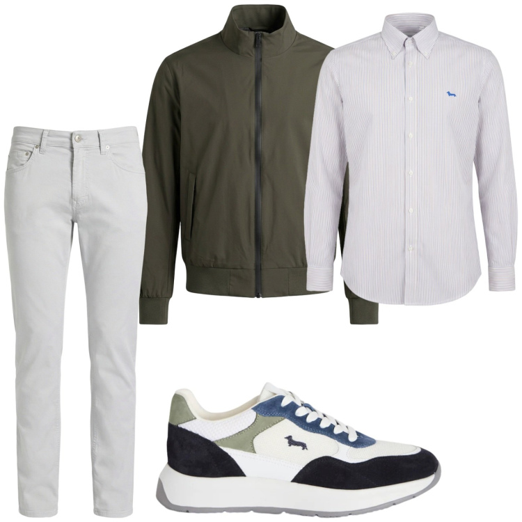 Outfit uomo - Touch oliva. Stile Trendy per Tutti i giorni. Abbinamento con sneakers, pantaloni, camicie, bomber.