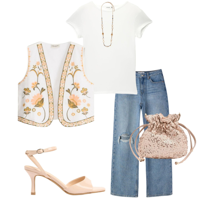 Outfit donna - Casual style. Stile Sporty chic per Serata fuori. Abbinamento con gilet, sandali col tacco, jeans strappati, t-shirt, collane, pochette.