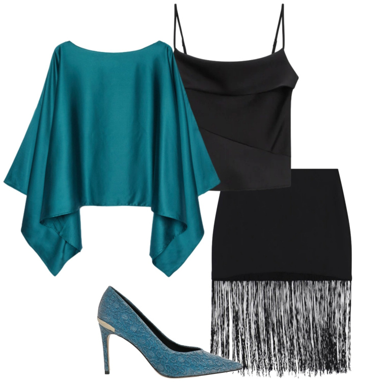 Outfit donna - Gonna e frange. Stile Chic per Serata fuori. Abbinamento con décolleté, cappe, minigonne, canottiere.