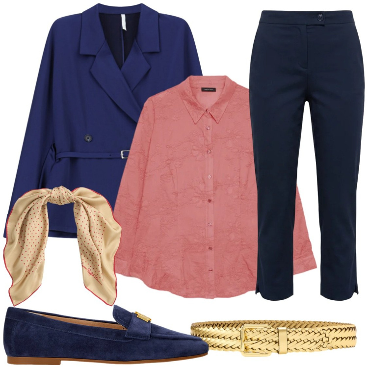 Outfit donna - ​Peach & Navy, ufficio collection. Stile Bon Ton per Ufficio. Abbinamento con blazer, camicie, pantaloni capri, mocassini, foulard, cinture.