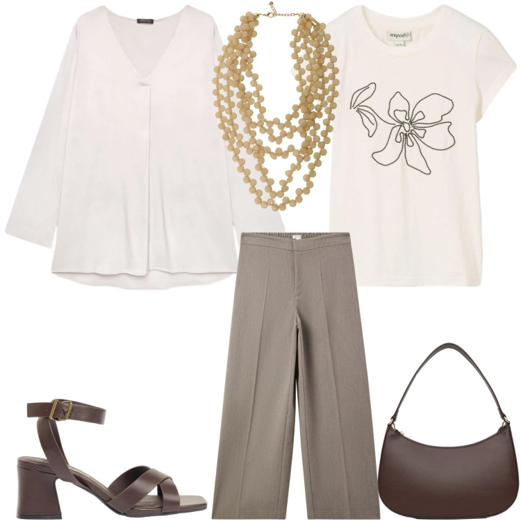Outfit donna - Beige & Marrone. Stile Bon Ton per Tutti i giorni. Abbinamento con sandali col tacco, t-shirt, pantaloni, borse a tracolla, collane, bluse.
