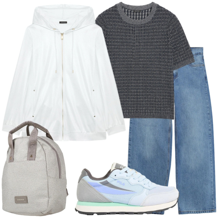 Outfit donna - City curvy style. Stile Urban per Tutti i giorni. Abbinamento con zaini, sneakers, felpe con cappuccio, maglieria, jeans.