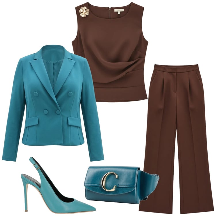 Outfit donna - Total look #2390069. Stile Chic per Cerimonia. Abbinamento con marsupi, décolleté, pantaloni a palazzo, top, blazer.