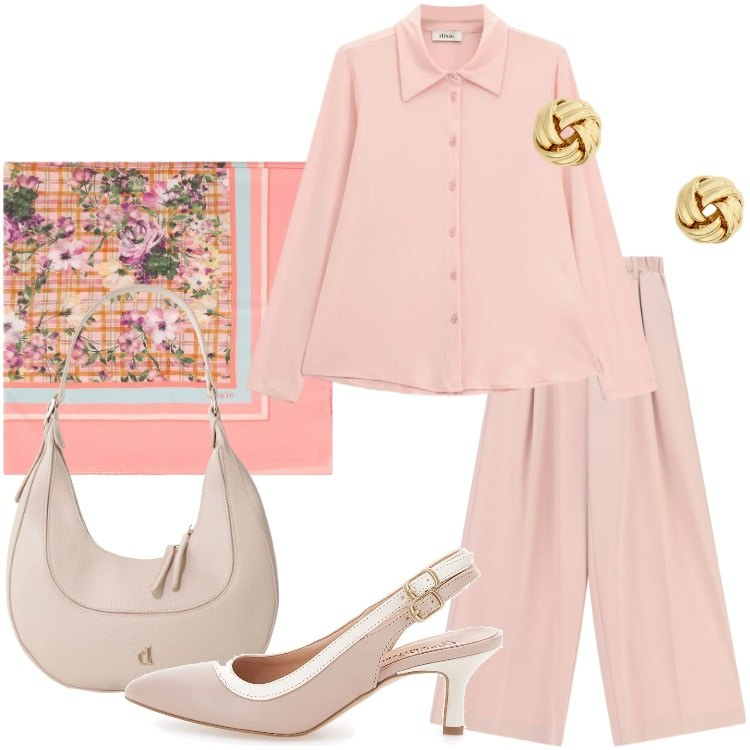 Outfit donna - Peach Blush. Stile Romantica per Serata fuori. Abbinamento con pantaloni a palazzo, camicie, borse a tracolla, foulard, orecchini, décolleté.