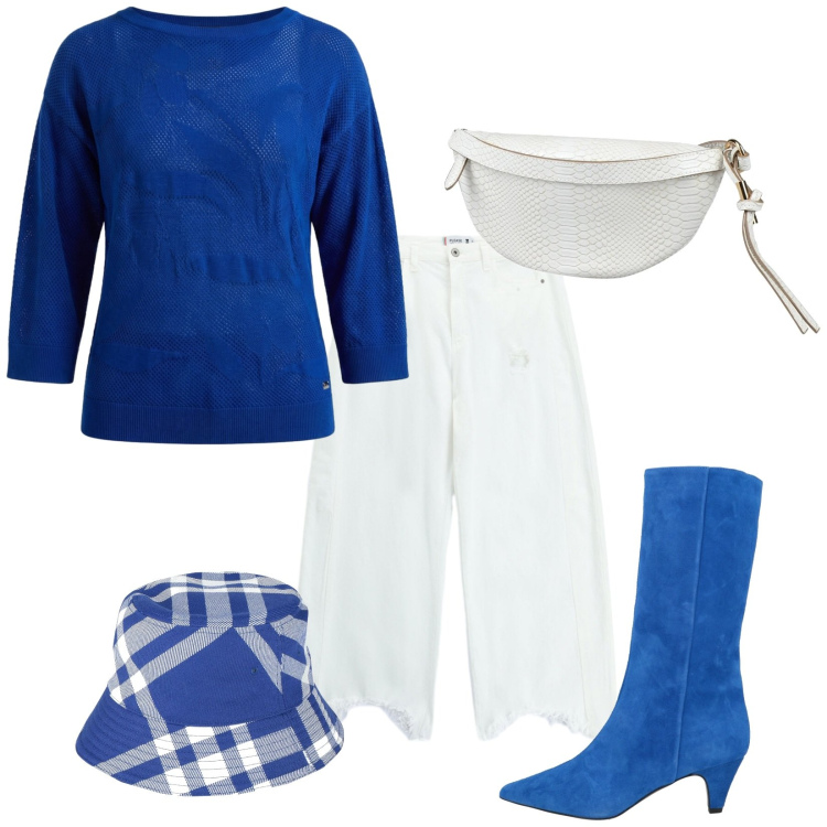 Outfit donna - Aperitivo in barca. Stile Trendy per Tutti i giorni. Abbinamento con stivali, cappelli, marsupi, pantaloni a palazzo, maglieria.