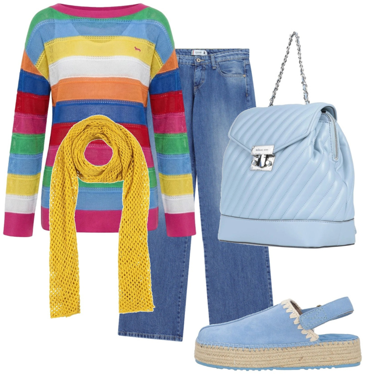 Outfit donna - Primavera colorata. Stile Trendy per Tutti i giorni. Abbinamento con zaini, sciarpe, espadrillas, maglieria, jeans dritti.
