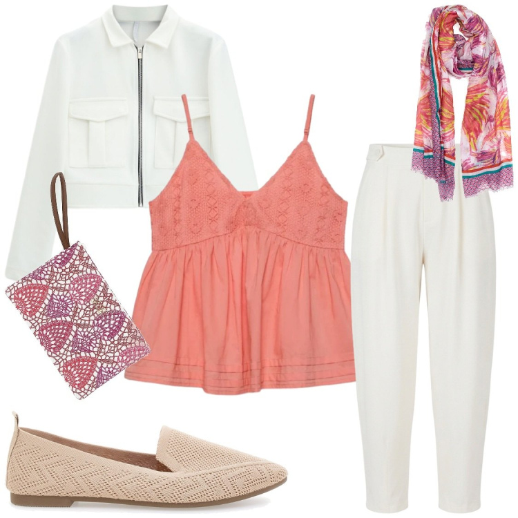 Outfit donna - Urban in Rosa: Eleganza Quotidia. Stile Casual chic per Ufficio. Abbinamento con pantaloni, canottiere, cappotti, sciarpe, pochette, ballerine.