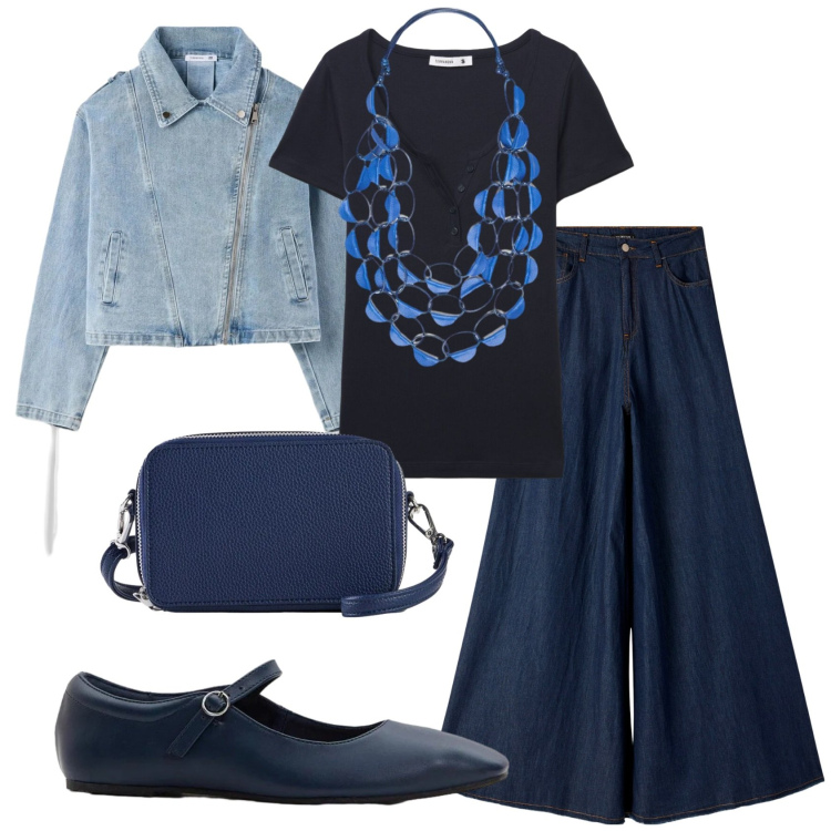 Outfit donna - Total look #2390075. Stile Basic per Tutti i giorni. Abbinamento con ballerine, borse a tracolla, jeans, t-shirt, cappotti, collane.