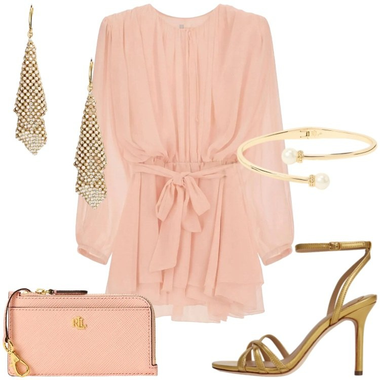 Outfit donna - Peach Blush. Stile Sexy per Serata fuori. Abbinamento con vestiti corti, orecchini, sandali in pelle, portafogli, braccialetti.