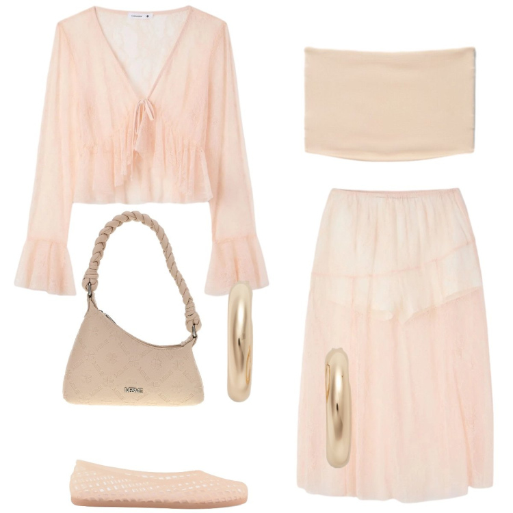 Outfit donna - Total look #2390078. Stile Romantica per Tutti i giorni. Abbinamento con bluse, gonne longuette, top, orecchini, ballerine, borse a spalla.
