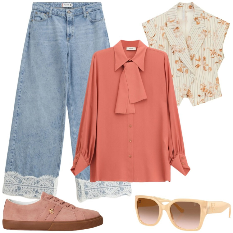 Outfit donna - Blusa in seta Comfort e Raffinatezza. Stile Casual chic per Ufficio. Abbinamento con jeans, gilet, camicie, occhiali da sole, sneakers.
