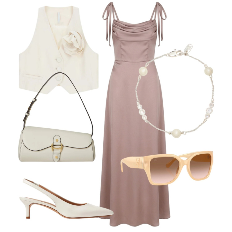 Outfit donna - Uno sguardo Peach blush. Stile Chic per Cerimonia. Abbinamento con gilet, vestiti lunghi, décolleté, occhiali da sole, borse a spalla, braccialetti.