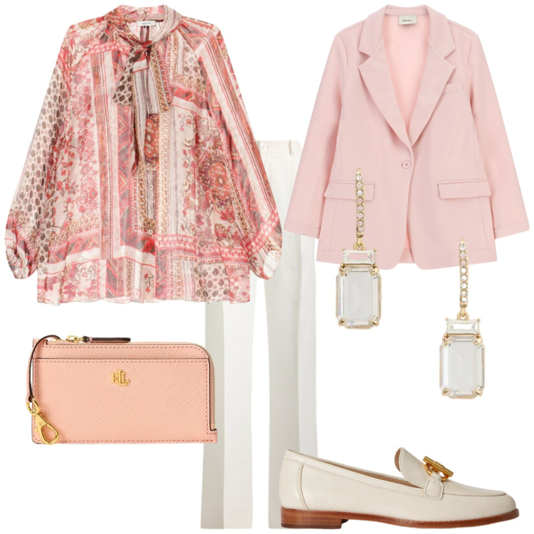 Outfit donna - Raffinata. Stile Chic per Ufficio. Abbinamento con camicie, blazer, orecchini, mocassini, portafogli, pantaloni.