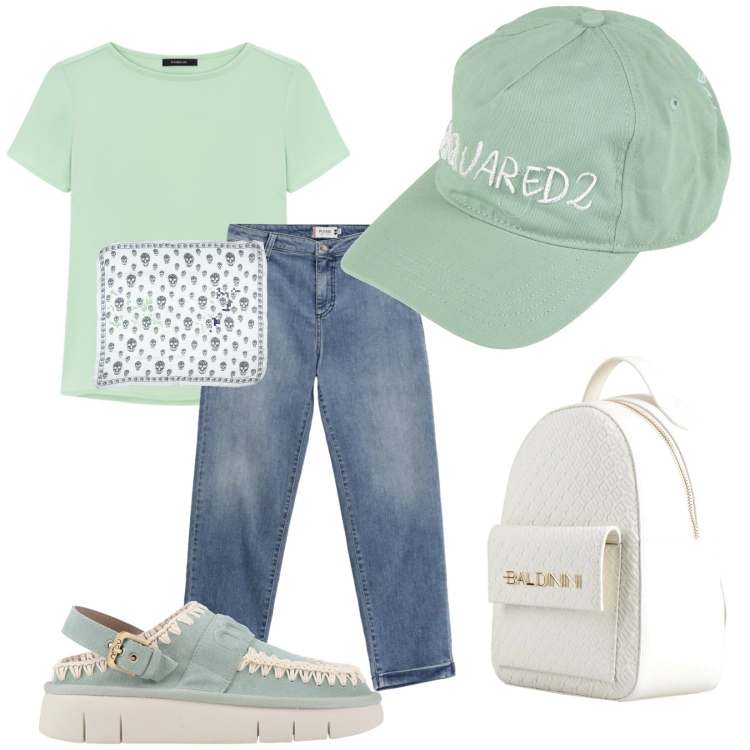 Outfit donna - Total look #2390086. Stile Urban per Tutti i giorni. Abbinamento con décolleté, zaini, cappelli con visiera, sciarpe, jeans, t-shirt.