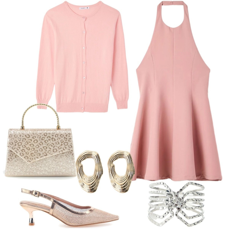 Outfit donna - Peach Blush. Stile Preppy per Serata fuori. Abbinamento con cardigans, vestiti corti, orecchini, braccialetti, décolleté, pochette.