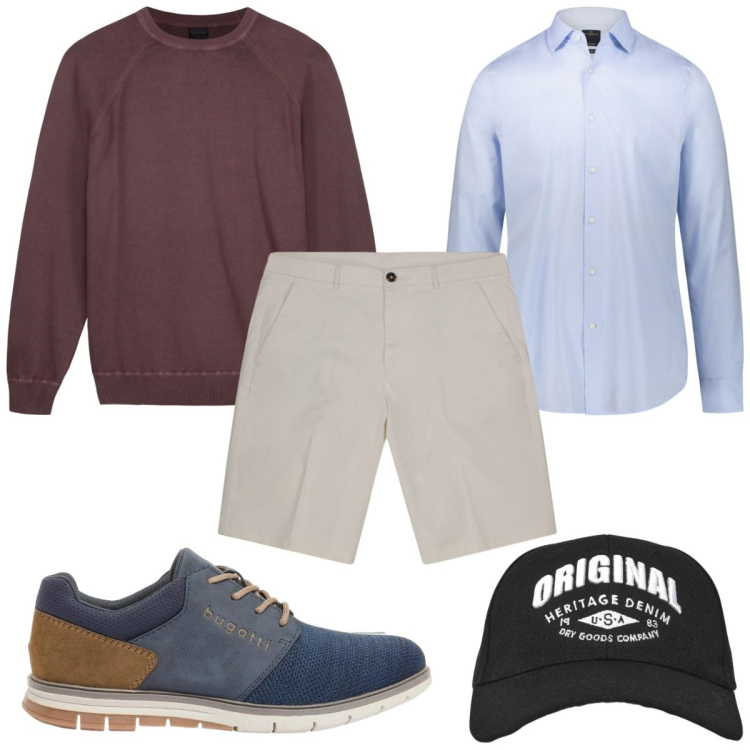 Outfit uomo - Total look #2390095. Stile Trendy per Tutti i giorni. Abbinamento con scarpe stringate, cappelli con visiera, camicie, maglieria, bermuda.