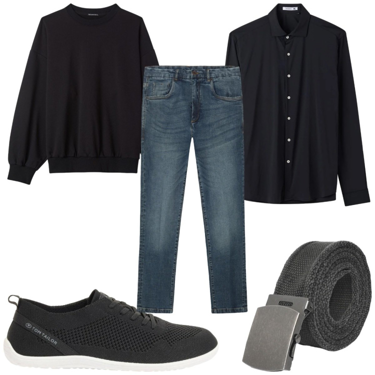 Outfit uomo - Total look #2390098. Stile Casual per Tutti i giorni. Abbinamento con sneakers, cinture, felpe, camicie, jeans.