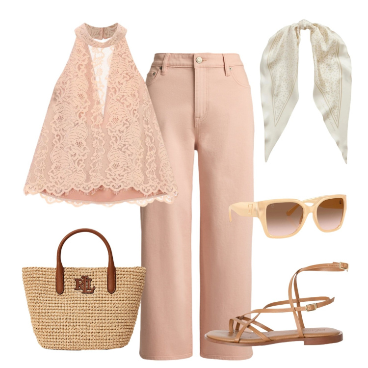 Outfit donna - Peach blush. Stile Casual chic per Tutti i giorni. Abbinamento con sandali in pelle, canottiere, occhiali da sole, borse tote, foulard, jeans.