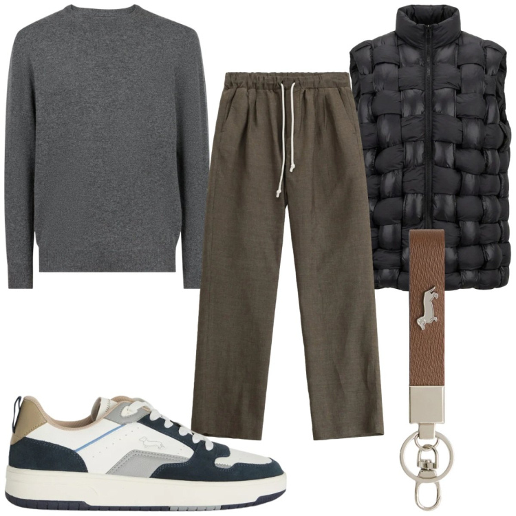 Outfit uomo - Total look #2390101. Stile Casual per Tutti i giorni. Abbinamento con pantaloni, portachiavi, sneakers, gilet, maglieria.