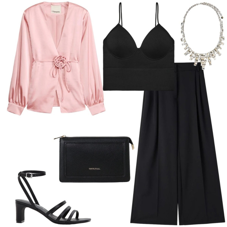 Outfit donna - Total look #2390104. Stile Chic per Serata fuori. Abbinamento con blazer, sandali col tacco, top, pantaloni, borse a tracolla, collane.
