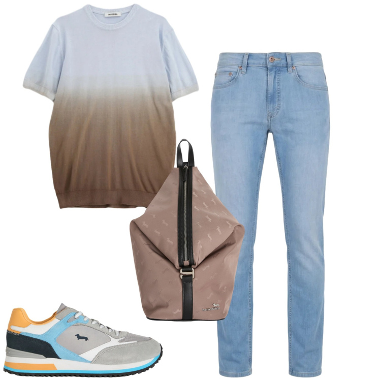 Outfit uomo - Aprile. Stile Casual per Tutti i giorni. Abbinamento con t-shirt, sneakers, borse sportive, jeans.