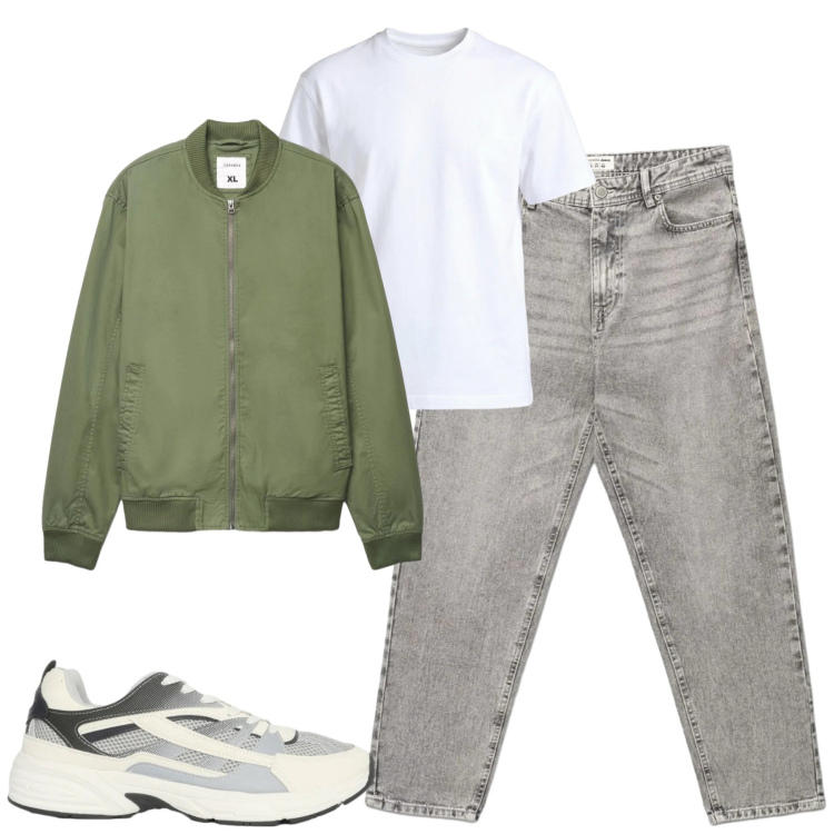Outfit uomo - Aprile. Stile Casual per Tutti i giorni. Abbinamento con sneakers, bomber, jeans, t-shirt.