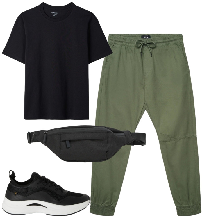 Outfit uomo - Aprile. Stile Casual per Tutti i giorni. Abbinamento con borse sportive, pantaloni, t-shirt, sneakers.