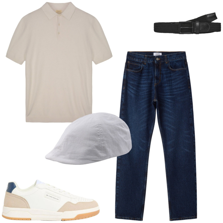 Outfit uomo - City. Stile Casual per Tutti i giorni. Abbinamento con sneakers, cinture, jeans dritti, polo, cappelli con visiera.