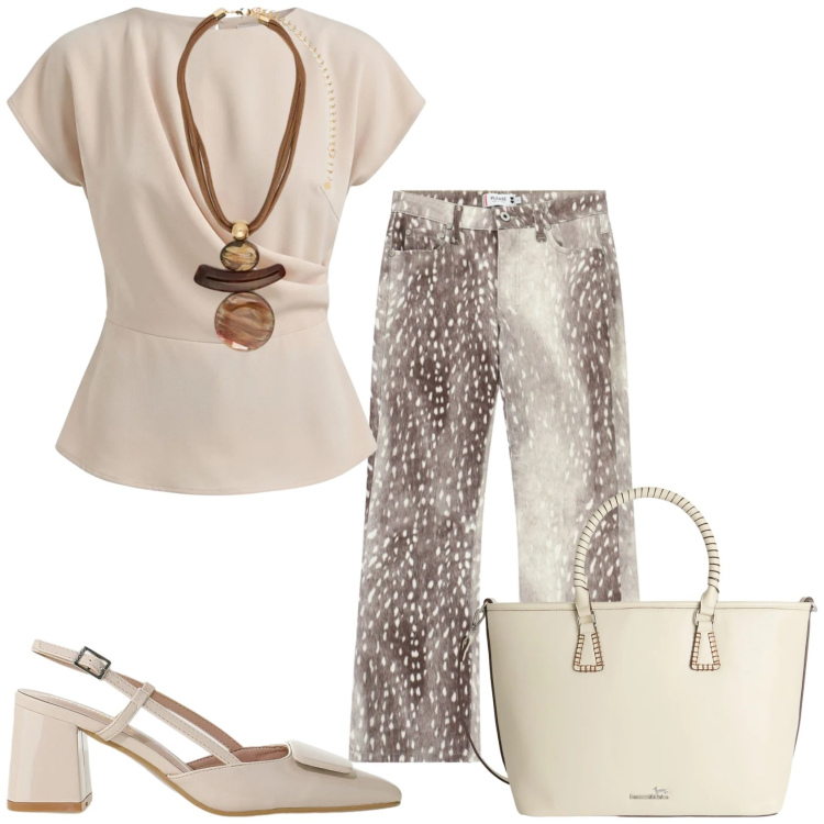Outfit donna - In ufficio. Stile Casual chic per Ufficio. Abbinamento con ciondoli, pantaloni, shopping bag, décolleté, bluse.