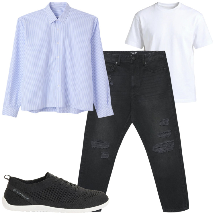 Outfit uomo - Total look #2390113. Stile Urban per Tutti i giorni. Abbinamento con sneakers, jeans strappati, camicie, t-shirt.