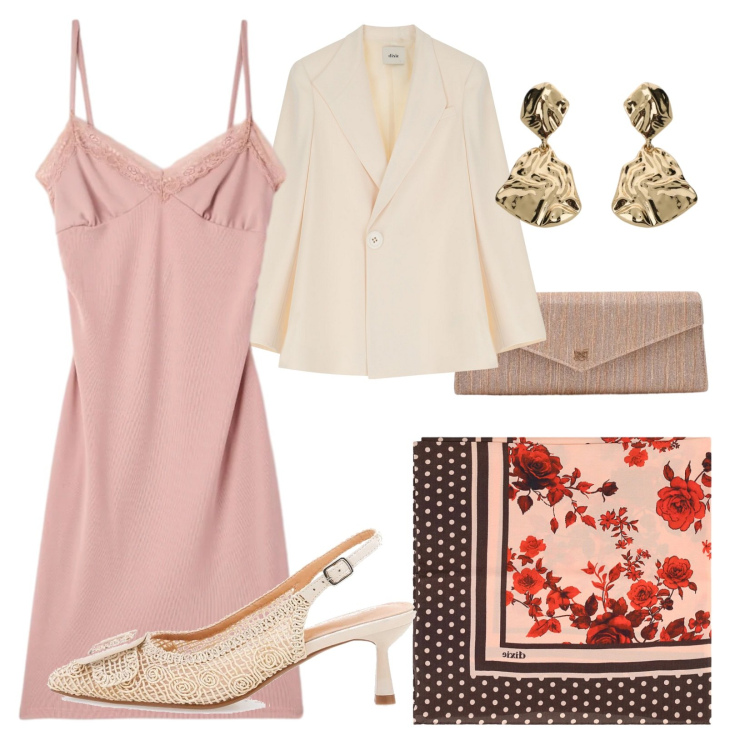 Outfit donna - Dettagli color Peach Blush. Stile Chic per Cerimonia. Abbinamento con vestiti a tubino, pochette, blazer, orecchini, foulard, scarpe col tacco.