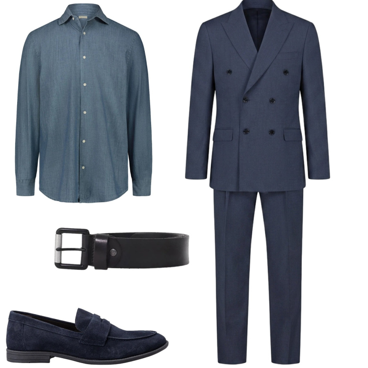 Outfit uomo - Blue. Stile Business/Elegante per Tutti i giorni. Abbinamento con cinture, camicie, scarpe stringate, abiti.