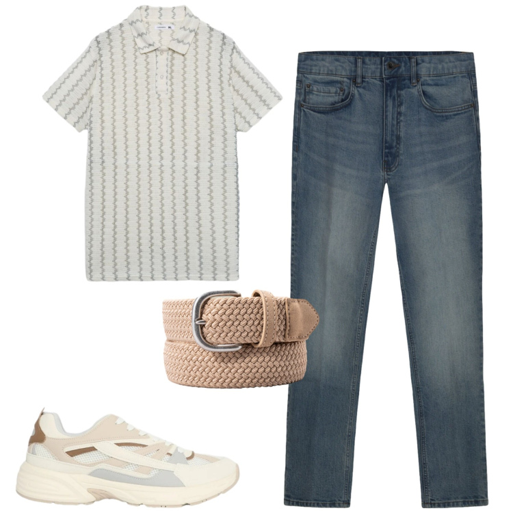 Outfit uomo - City. Stile Urban per Tutti i giorni. Abbinamento con sneakers, polo, cinture, jeans.