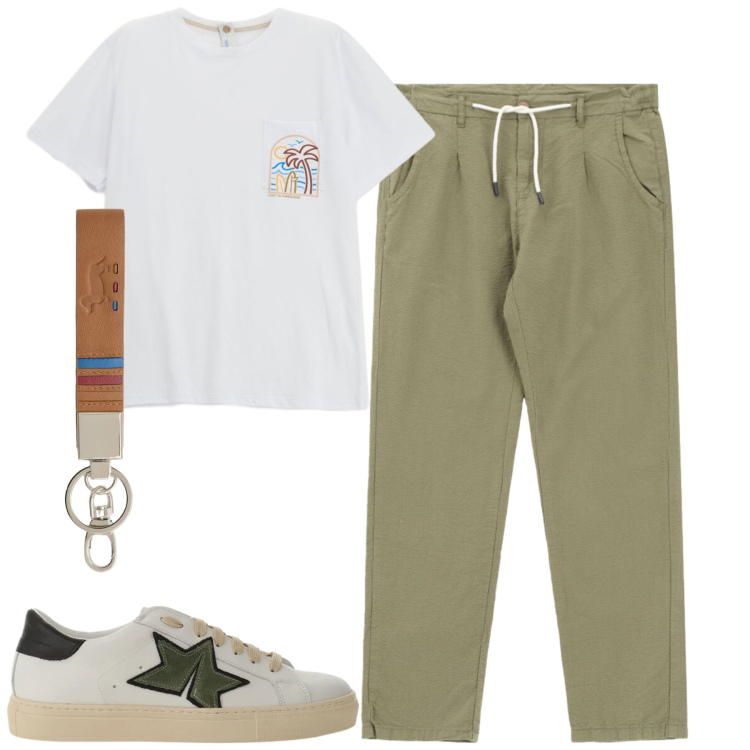 Outfit uomo - City. Stile Trendy per Tutti i giorni. Abbinamento con pantaloni, t-shirt, sneakers, portachiavi.