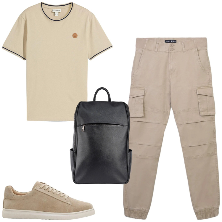 Outfit uomo - Aprile. Stile Casual per Tutti i giorni. Abbinamento con t-shirt, sneakers, pantaloni cargo, borse sportive.