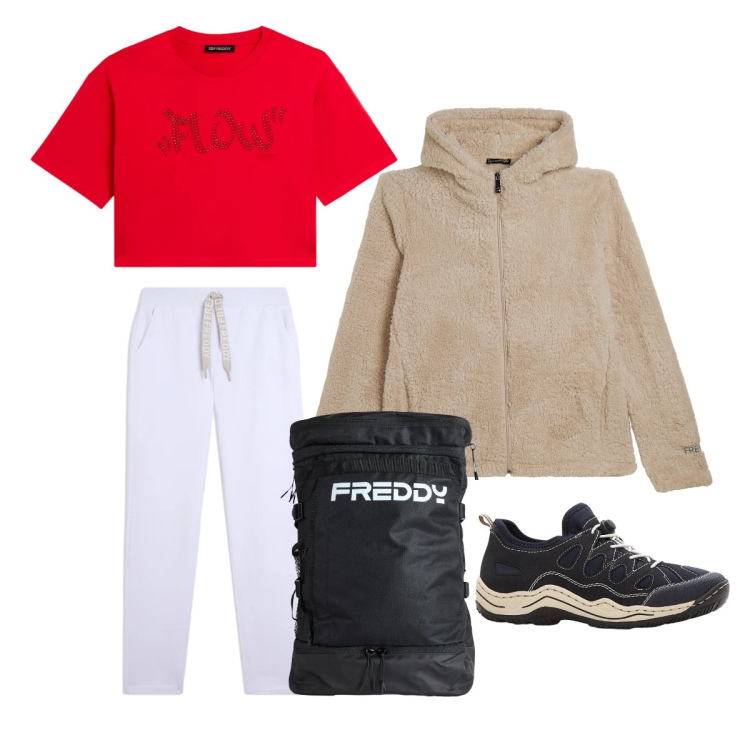 Outfit donna - In palestra con Freddy. Stile Trendy per Sport. Abbinamento con sneakers, felpe con cappuccio, pantaloni, zaini, t-shirt.